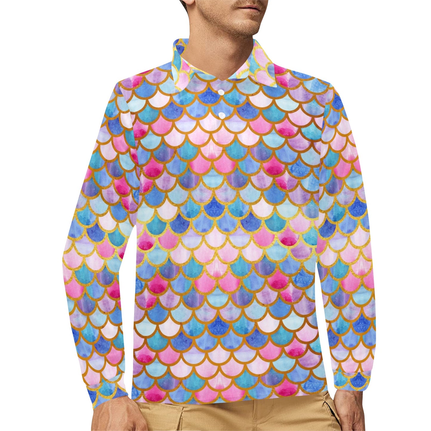 Scales Print Design LKS401 Long Sleeve Polo Shirt For Men's
