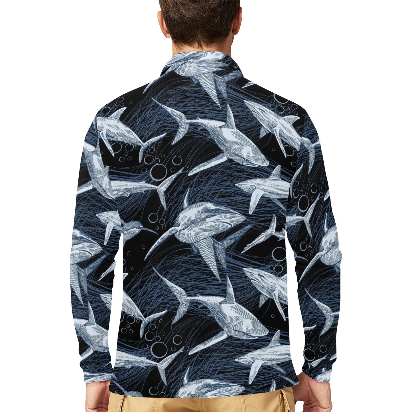 Shark Print Pattern Long Sleeve Polo Shirt For Men's