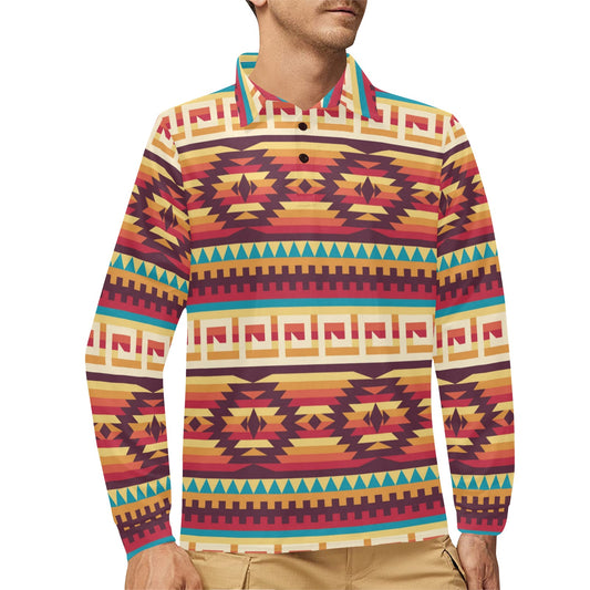 Tribal Aztec Vintage Long Sleeve Polo Shirt For Men's