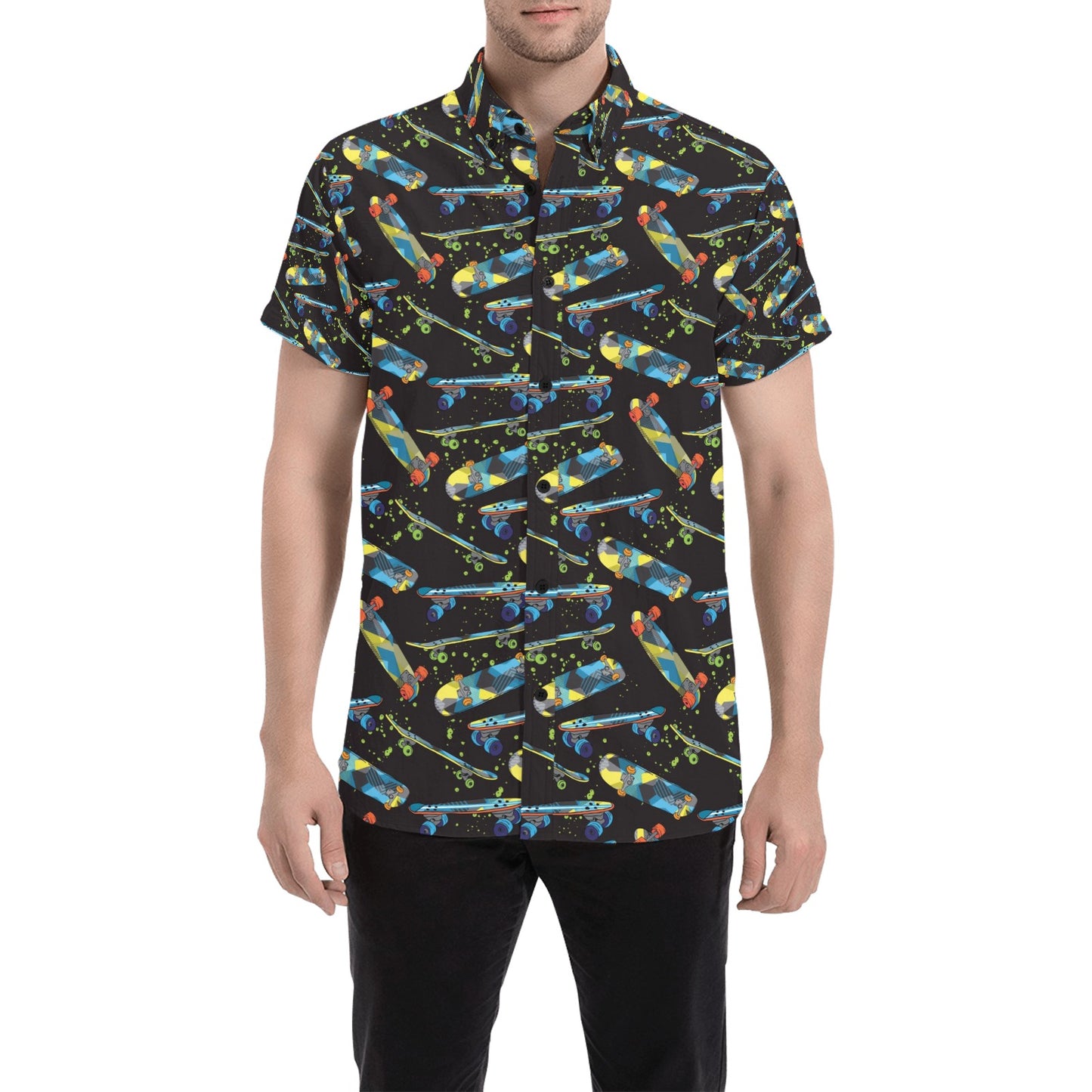 Skateboard Print Design LKS305 Men Short Sleeve Button Up Shirt