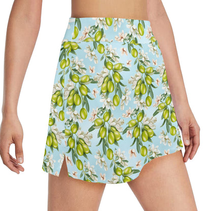 Elegant Olive Floral Print 17" Golf & Pickleball Skort with Pockets