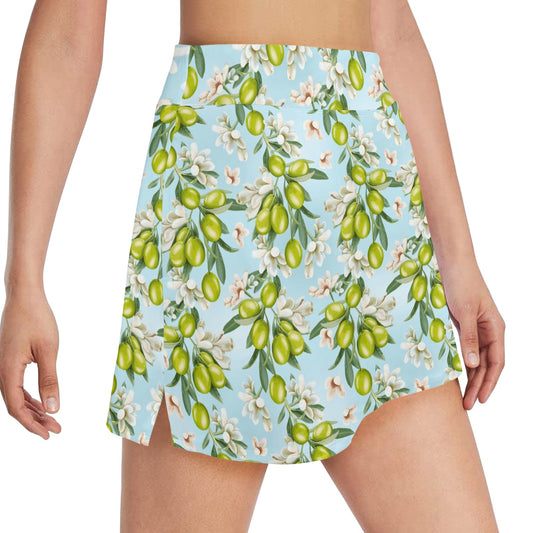 Elegant Olive Floral Print 17" Golf & Pickleball Skort with Pockets