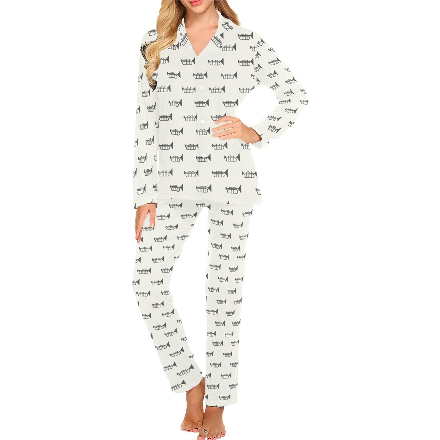 Trumpet Pattern Themed Print Women's Long Pajama Set