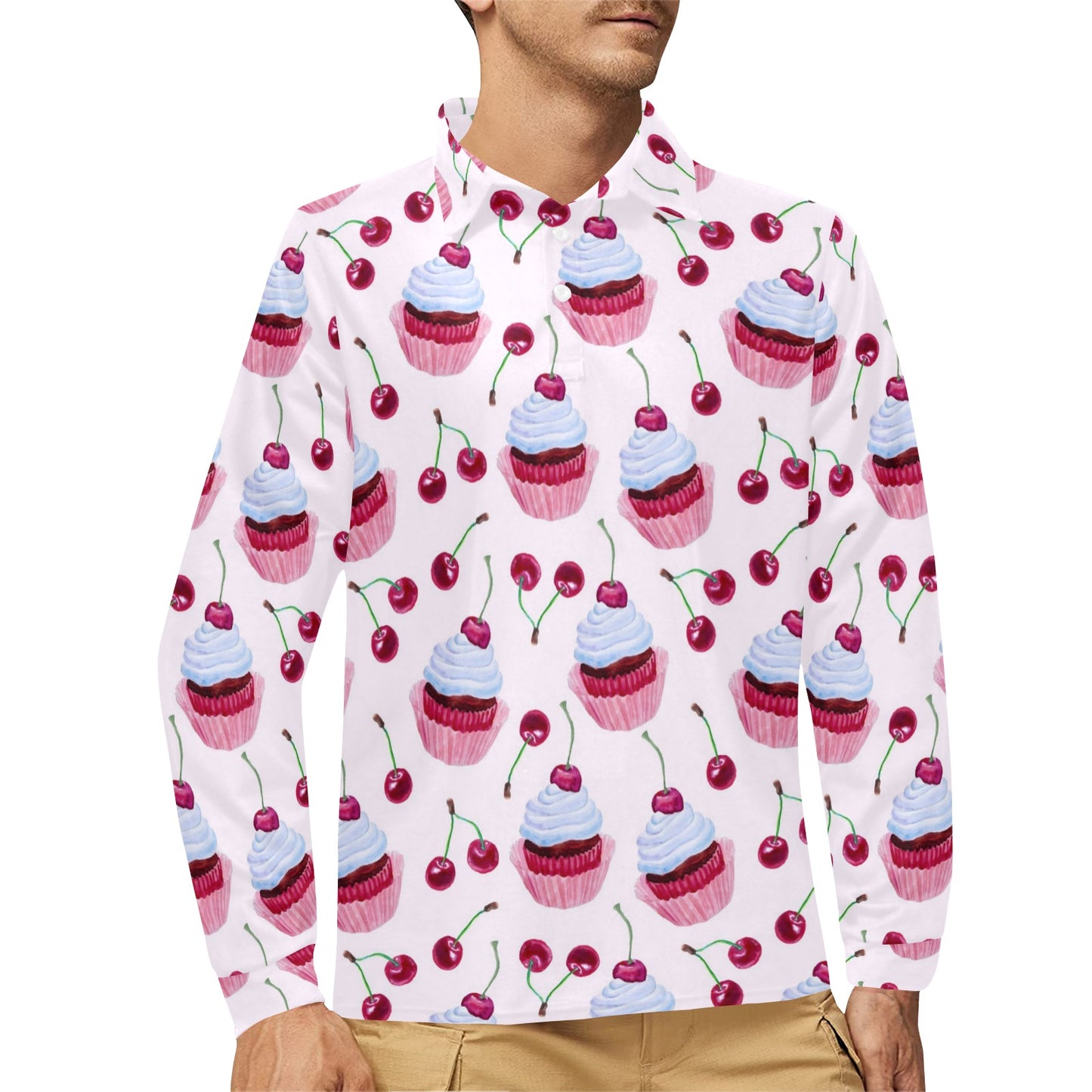 Cherry Cupcake Pink Pattern Long Sleeve Polo Shirt For Men's