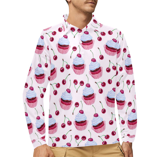 Cherry Cupcake Pink Pattern Long Sleeve Polo Shirt For Men's