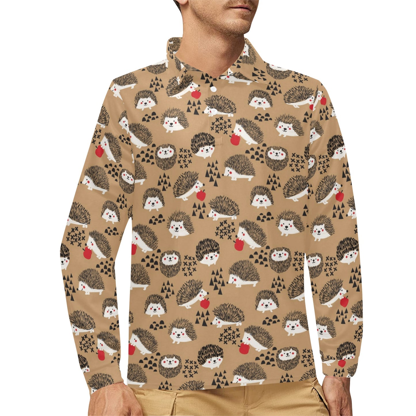Hedgehog Print Design LKS403 Long Sleeve Polo Shirt For Men's