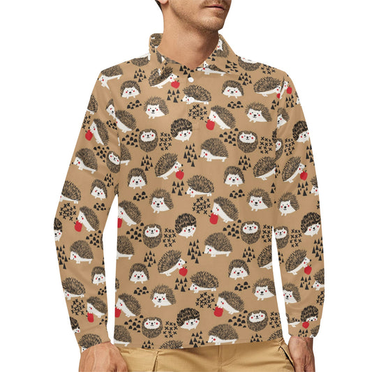 Hedgehog Print Design LKS403 Long Sleeve Polo Shirt For Men's