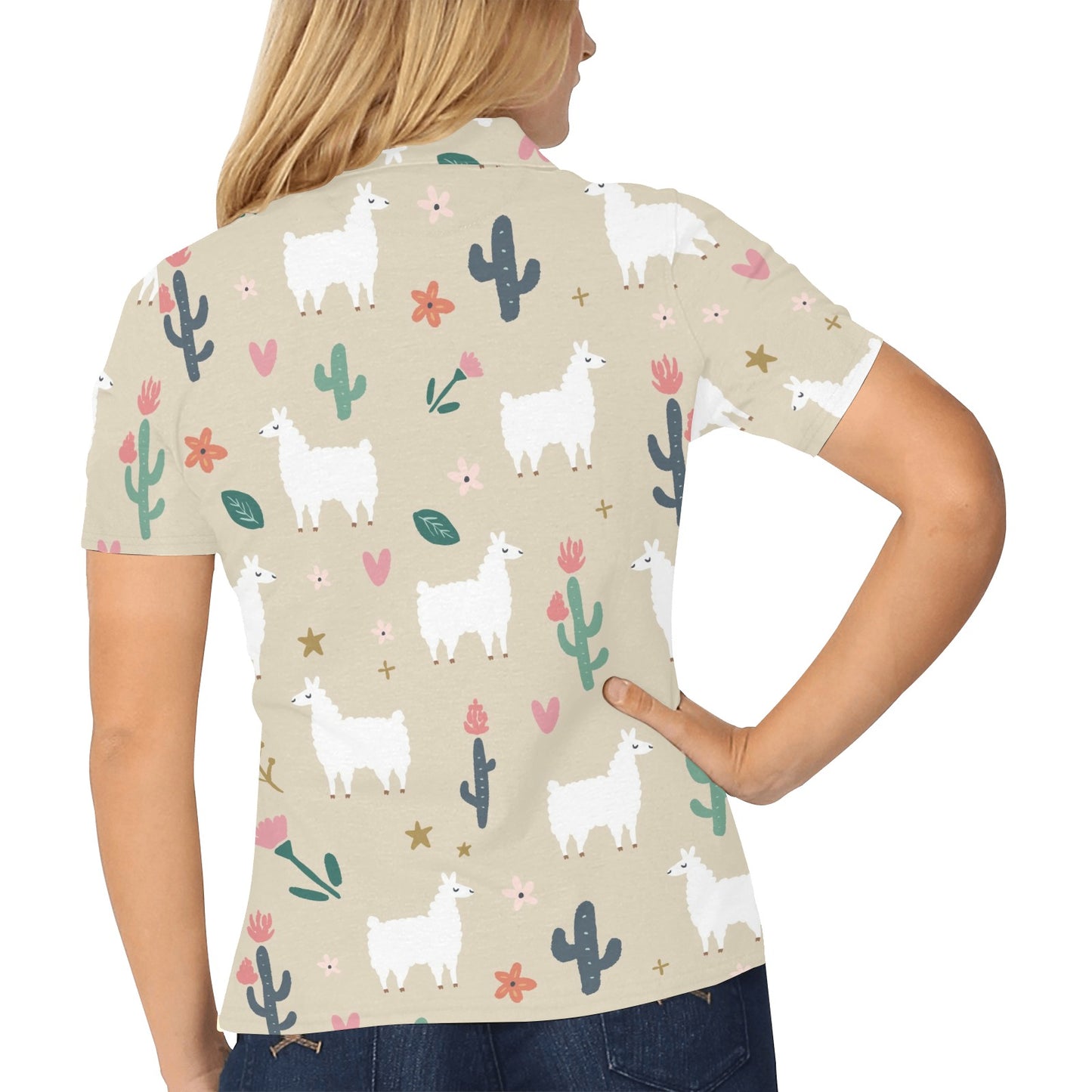 Llama Cactus Pattern Print Design 09 Women's Polo Shirt