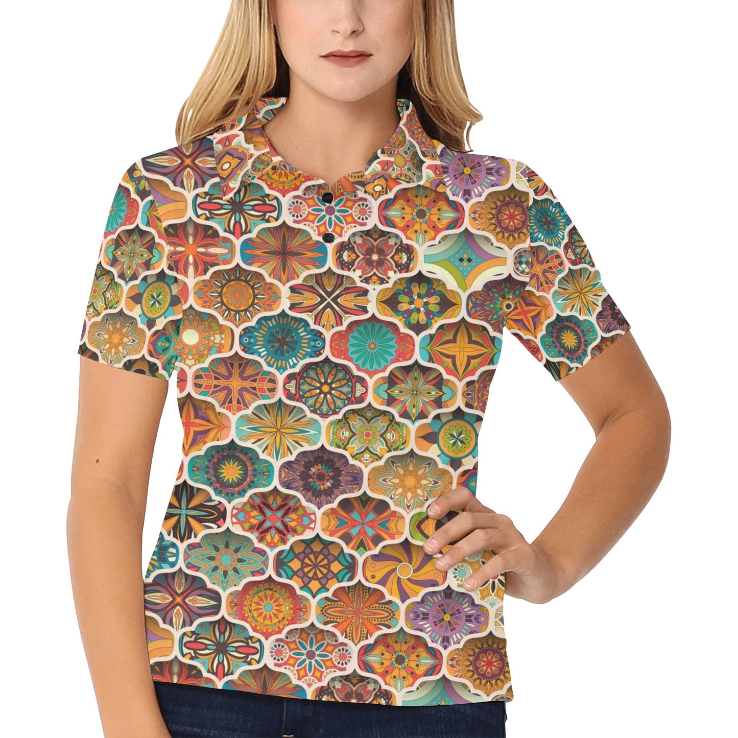 Mandala Mosaic Themed Design Print Women's Polo Shirt