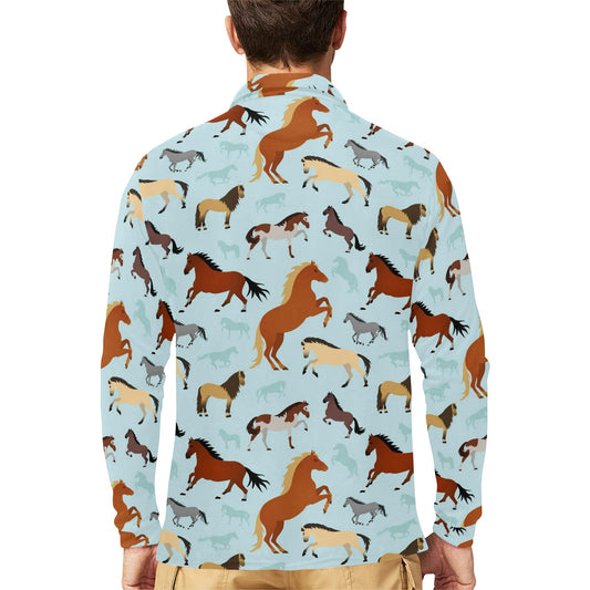 Horse Cute Themed Pattern Print Long Sleeve Polo Shirt For Men's
