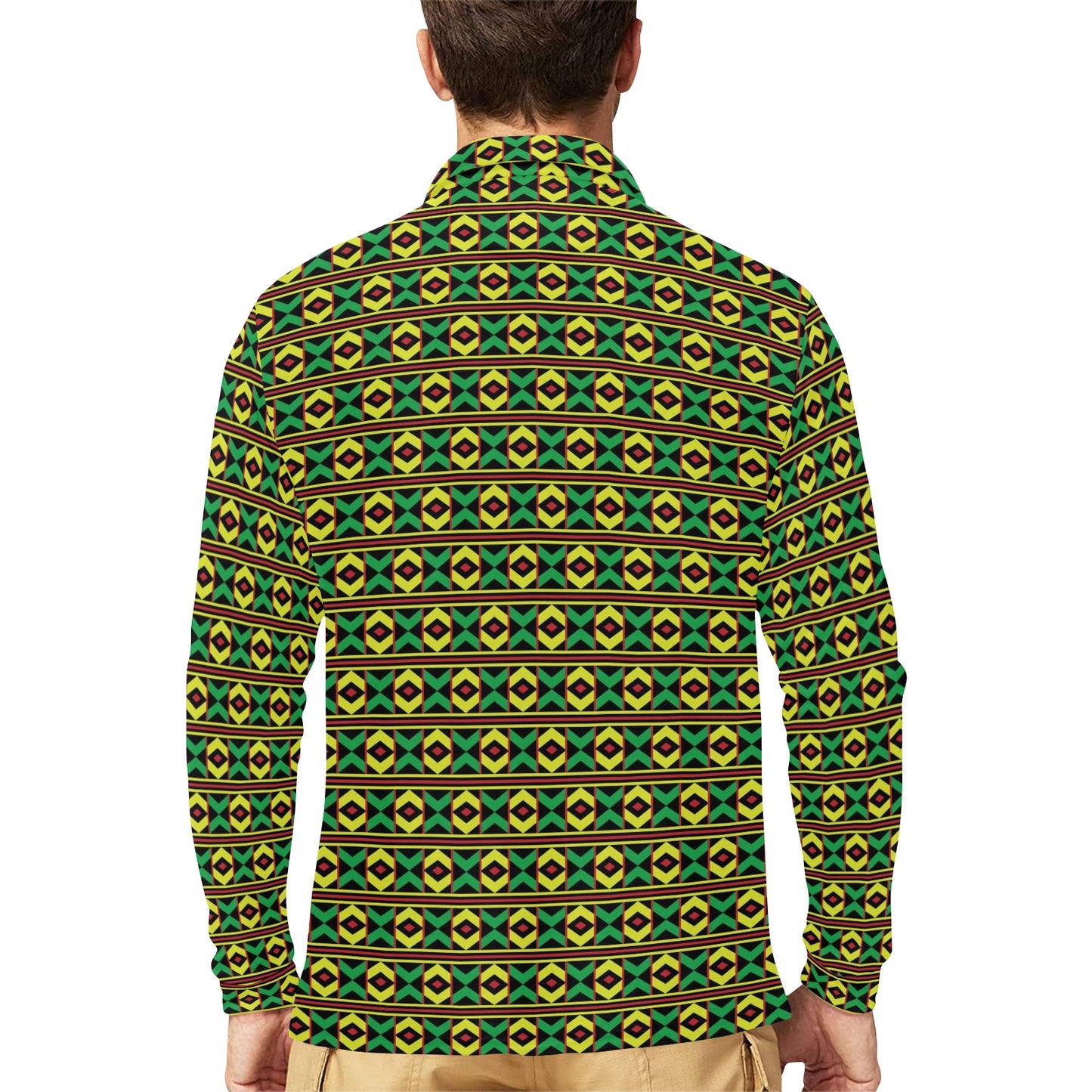 African Geometric Print Pattern Long Sleeve Polo Shirt For Men's