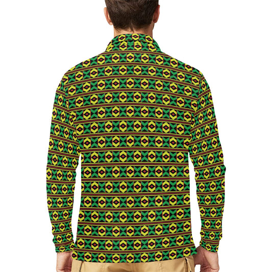 African Geometric Print Pattern Long Sleeve Polo Shirt For Men's
