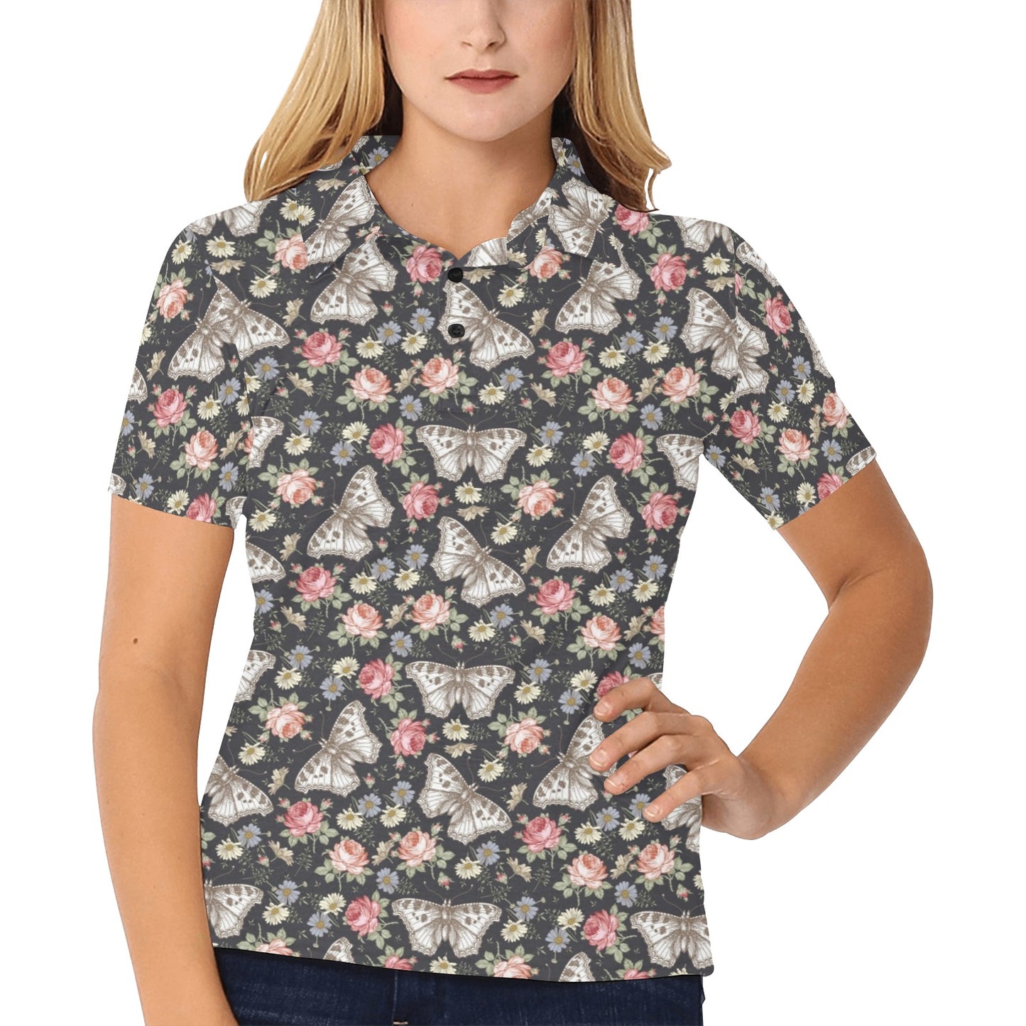 Butterfly Flower Pattern Print Design 07 Women's Polo Shirt