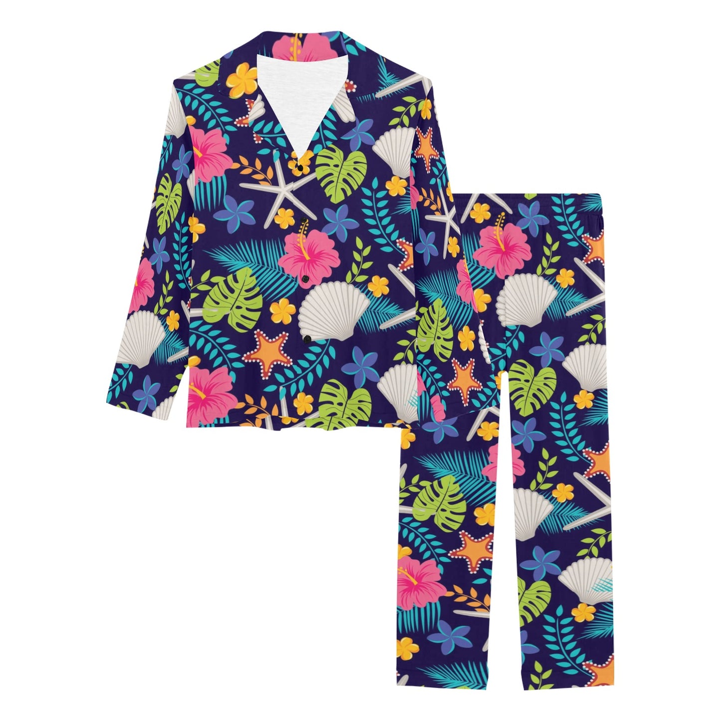 Beach Seashell Floral Theme Women's Long Pajama Set