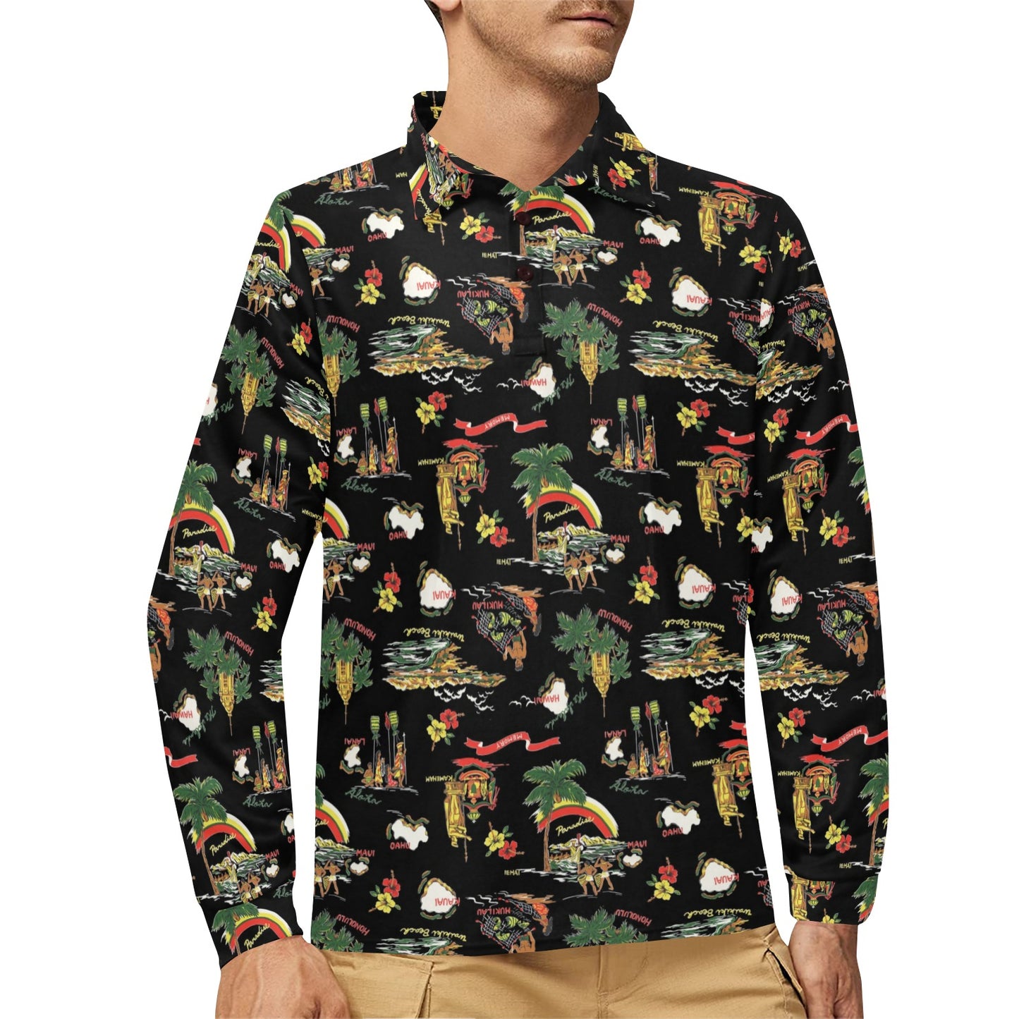 Hawaiian Island Themed Print Long Sleeve Polo Shirt For Men's