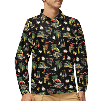 Hawaiian Island Themed Print Long Sleeve Polo Shirt For Men's