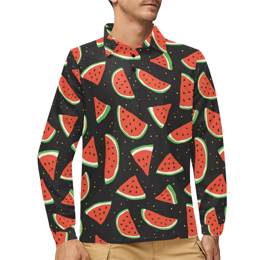 Watermelon Pattern Print Design WM09 Long Sleeve Polo Shirt For Men's
