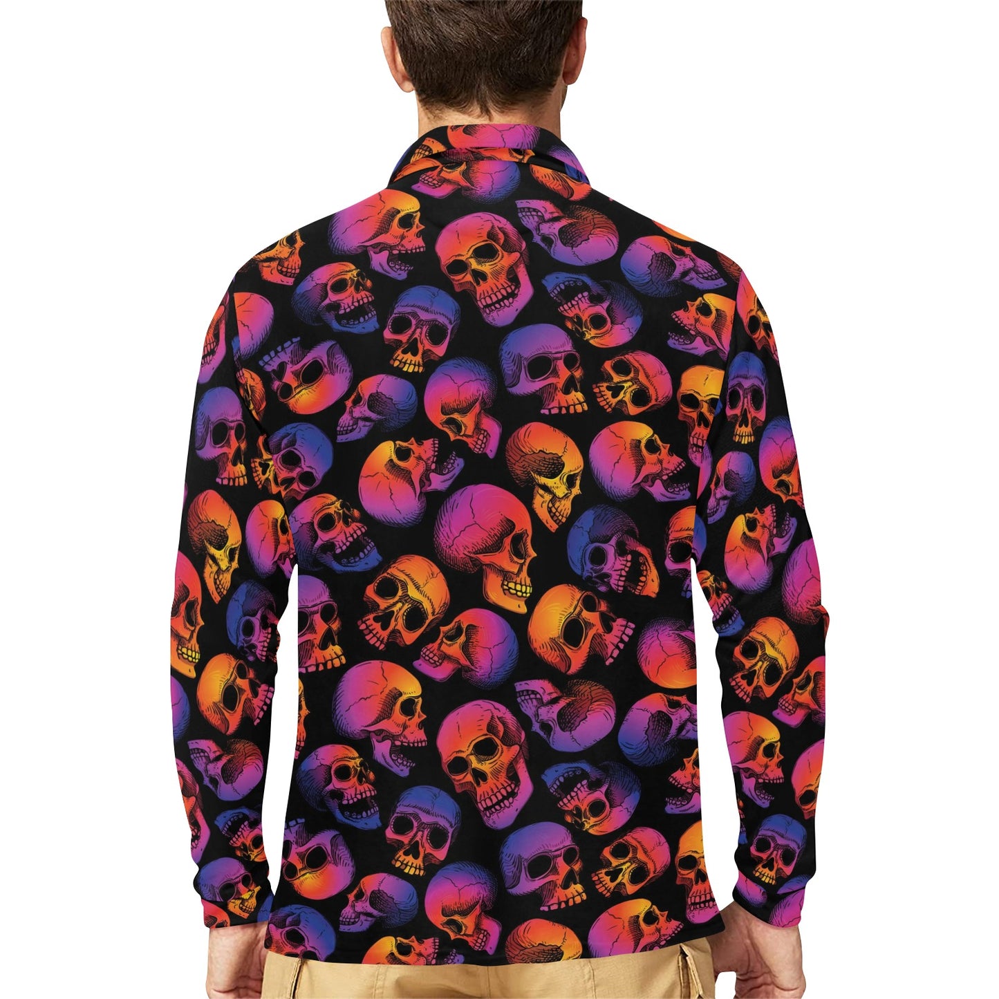 Skull Multicolor Print Design LKS3011 Long Sleeve Polo Shirt For Men's