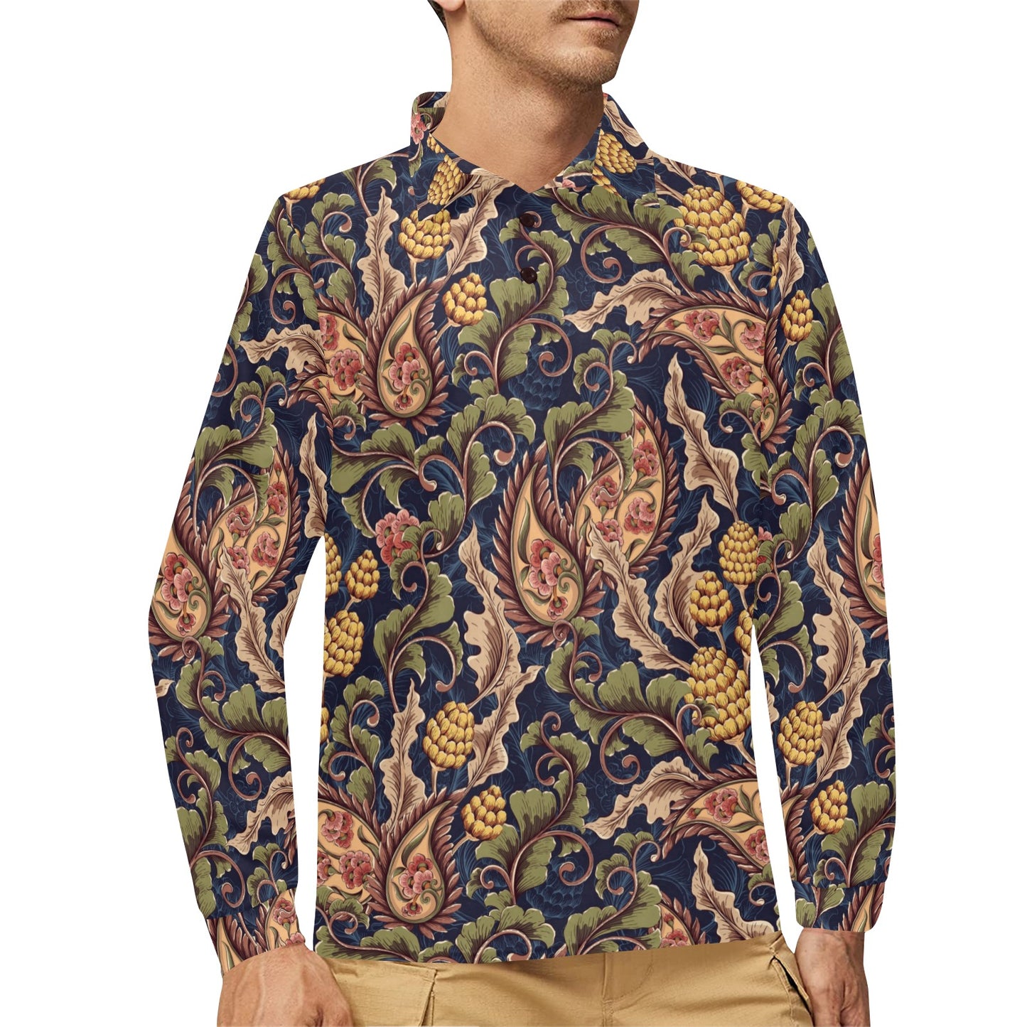 Floral Vintage Classic Print Long Sleeve Polo Shirt For Men's