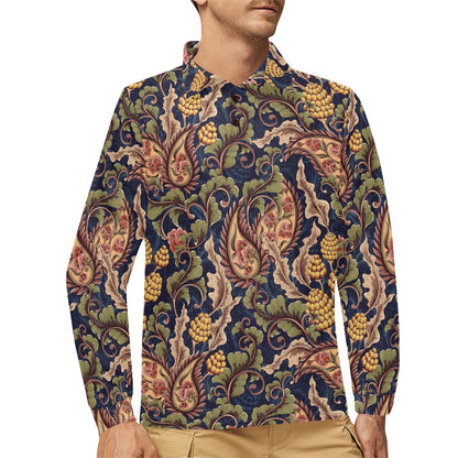 Floral Vintage Classic Print Long Sleeve Polo Shirt For Men's