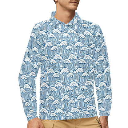 Wave Print Design LKS306 Long Sleeve Polo Shirt For Men's
