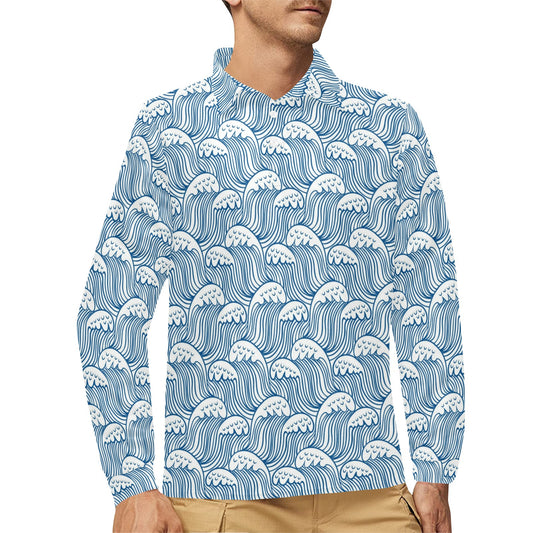 Wave Print Design LKS306 Long Sleeve Polo Shirt For Men's
