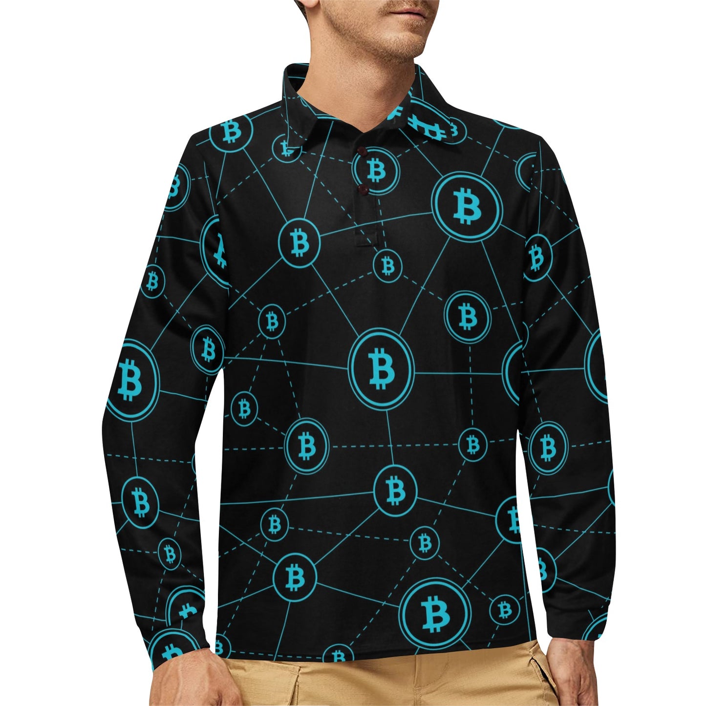 Cryptocurrency Pattern Print Design 01 Long Sleeve Polo Shirt For Men's