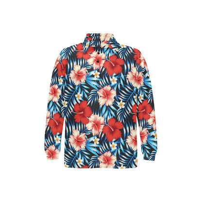 Red Hibiscus Blue Scene Long Sleeve Polo Shirt For Men's