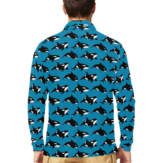 Whale Print Design LKS304 Long Sleeve Polo Shirt For Men's