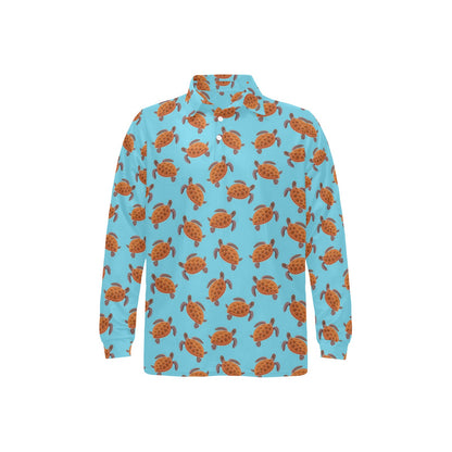 Brow Sea Turtle Print Pattern Long Sleeve Polo Shirt For Men's