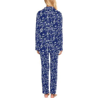Music Note Blue Themed Print Women's Long Pajama Set