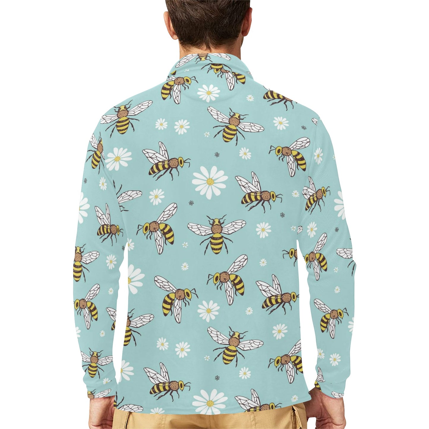 Bee Pattern Print Design BEE010 Long Sleeve Polo Shirt For Men's