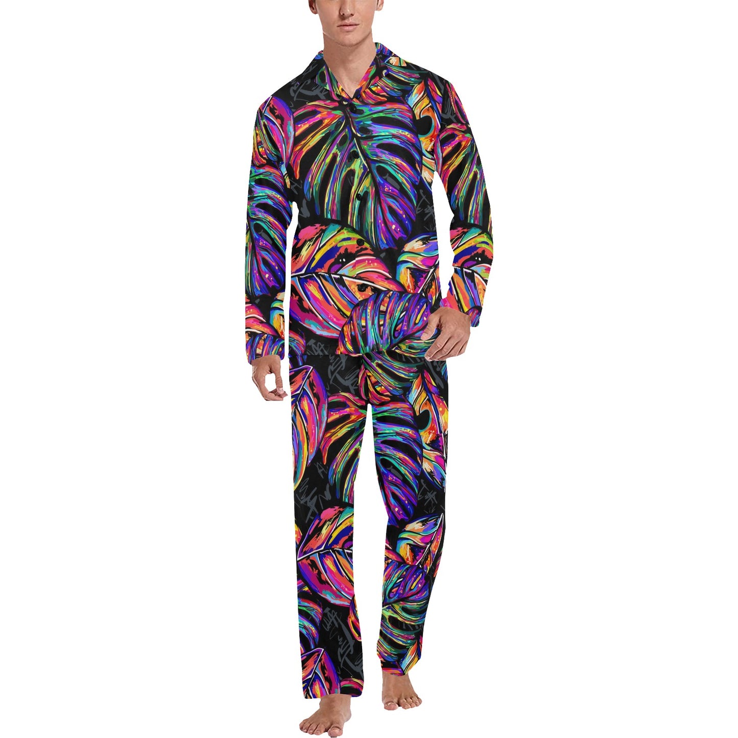 Neon Color Tropical Palm Leaves Men's Long Pajama Set
