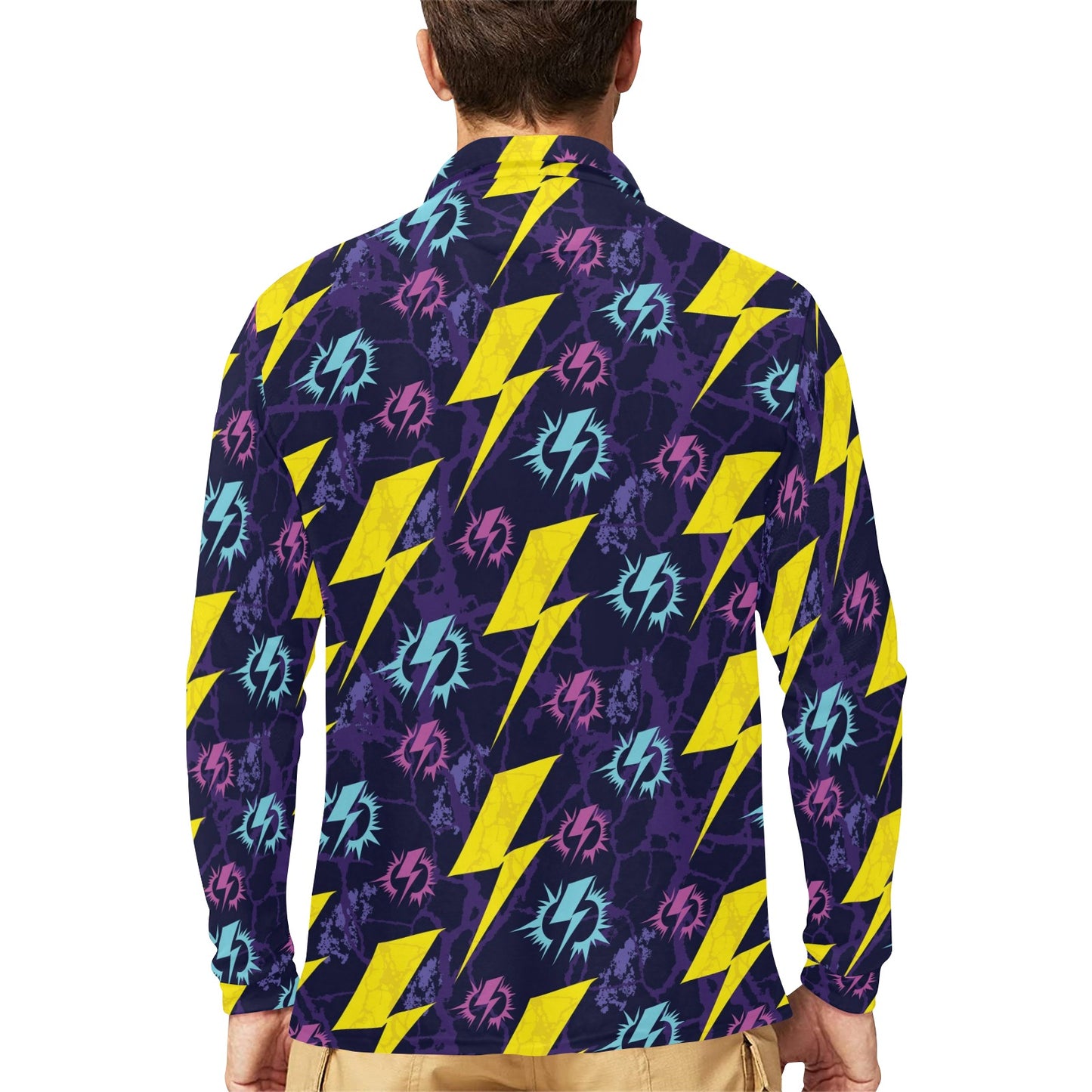 Lightning Thunder Pattern Print Design 01 Long Sleeve Polo Shirt For Men's