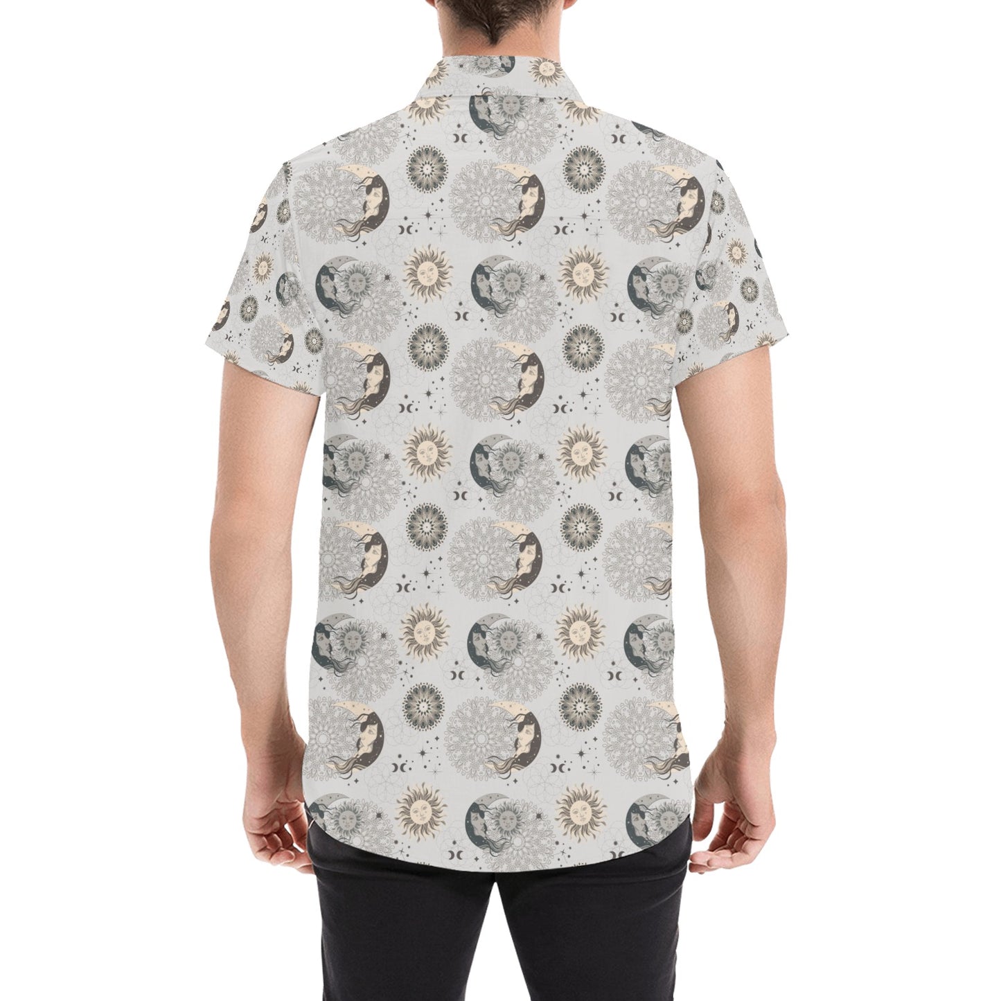 Sun Moon Print Design LKS302 Men Short Sleeve Button Up Shirt