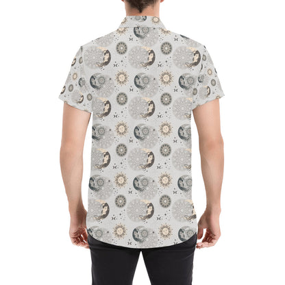 Sun Moon Print Design LKS302 Men Short Sleeve Button Up Shirt