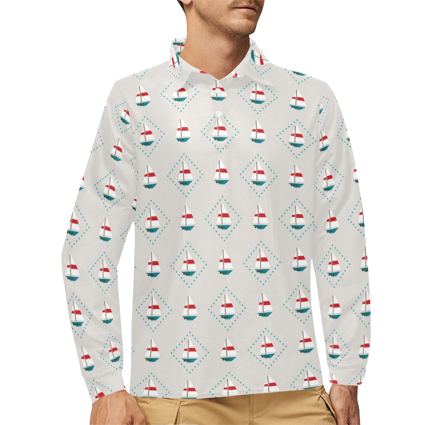Sailboat Print Design LKS301 Long Sleeve Polo Shirt For Men's