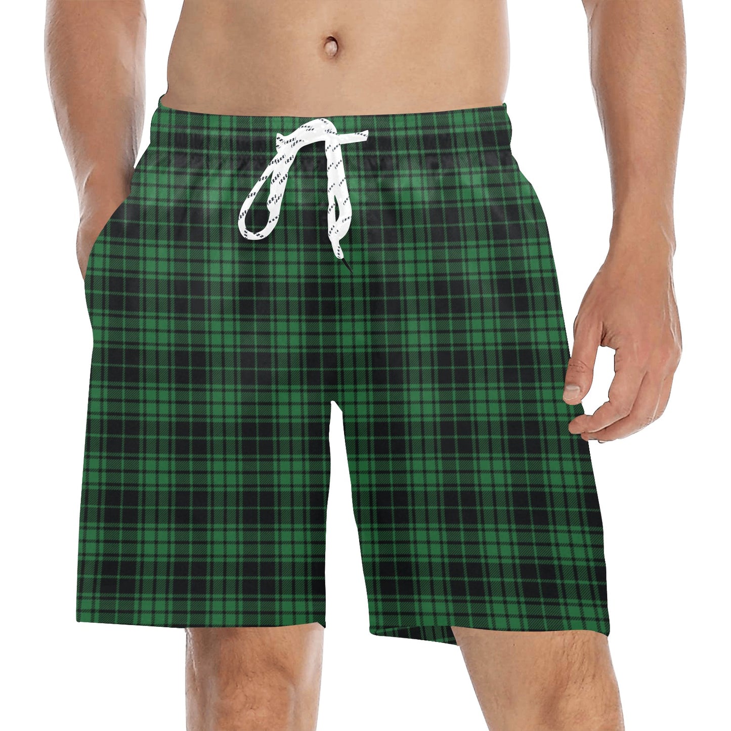 Green Tartan Plaid Pattern Men's Swim Trunks Beach Shorts