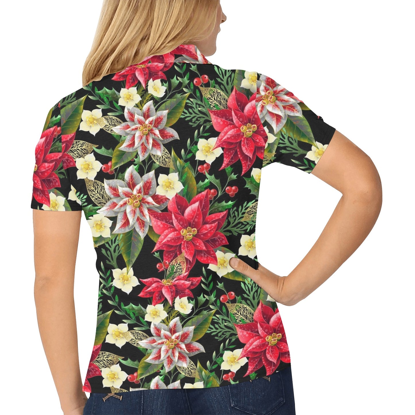 Poinsettia Pattern Print Design POT05 Women's Polo Shirt