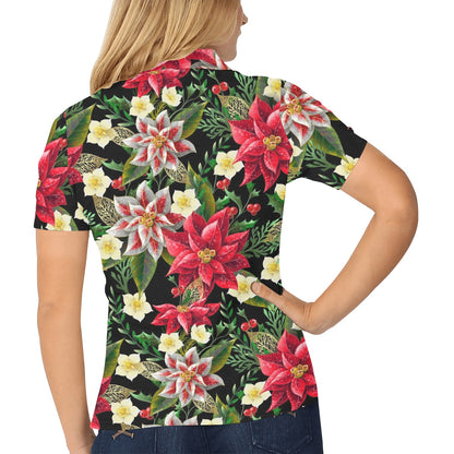 Poinsettia Pattern Print Design POT05 Women's Polo Shirt