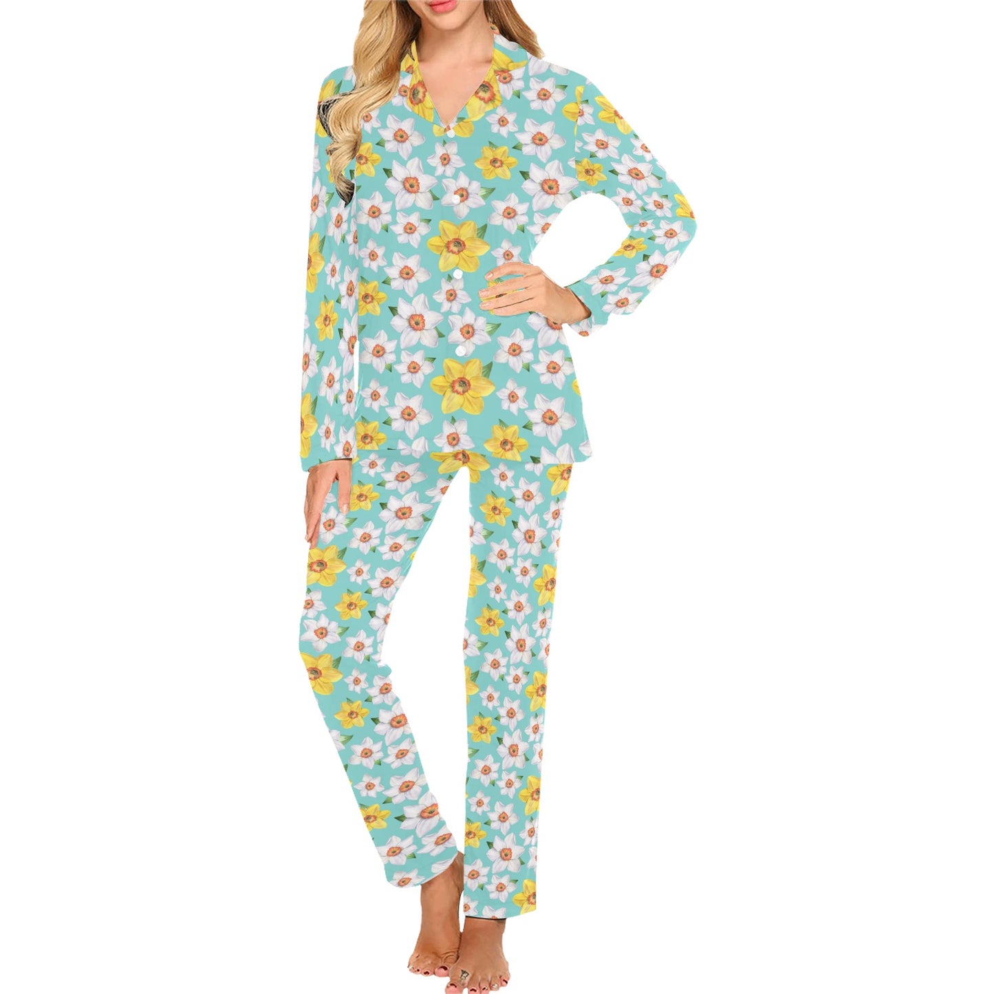 Daffodils Pattern Print Design 02 Women's Long Pajama Set