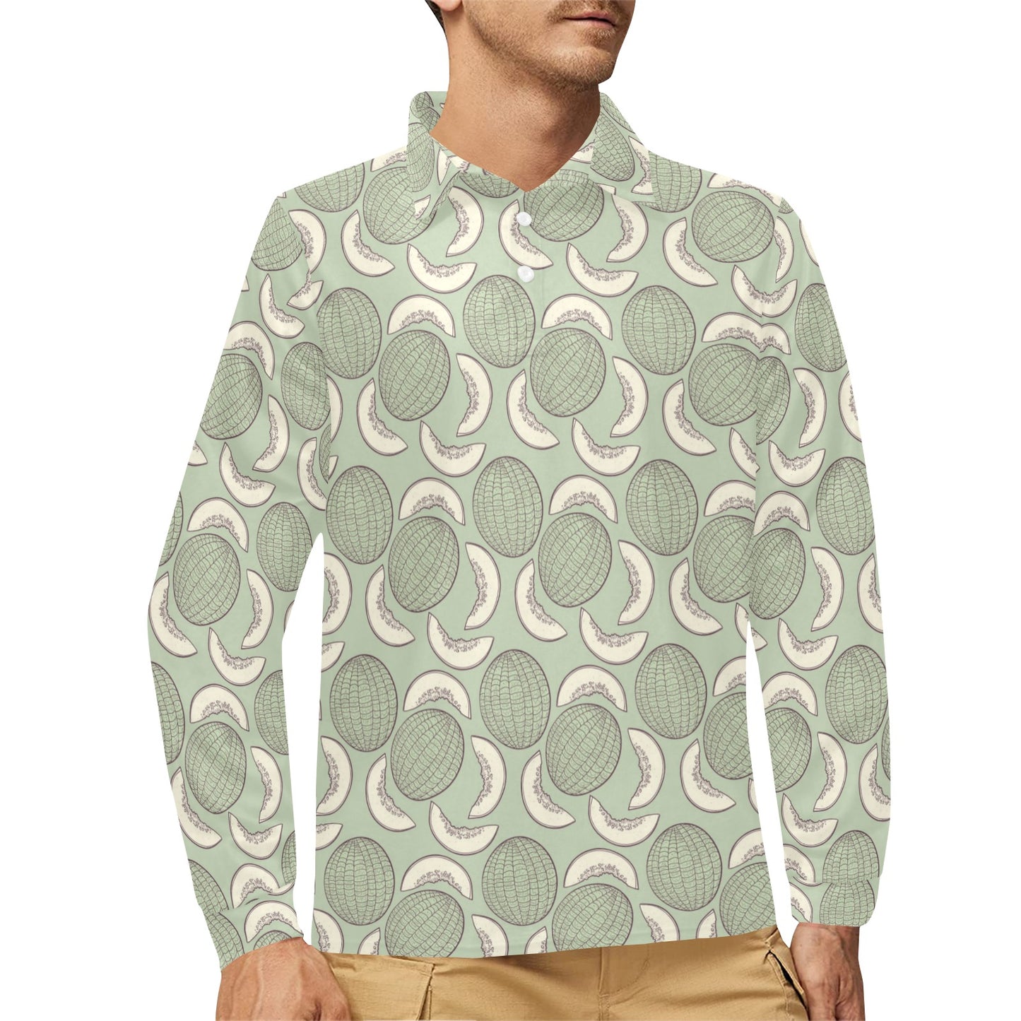 Cantaloupe Pattern Print Design 01 Long Sleeve Polo Shirt For Men's