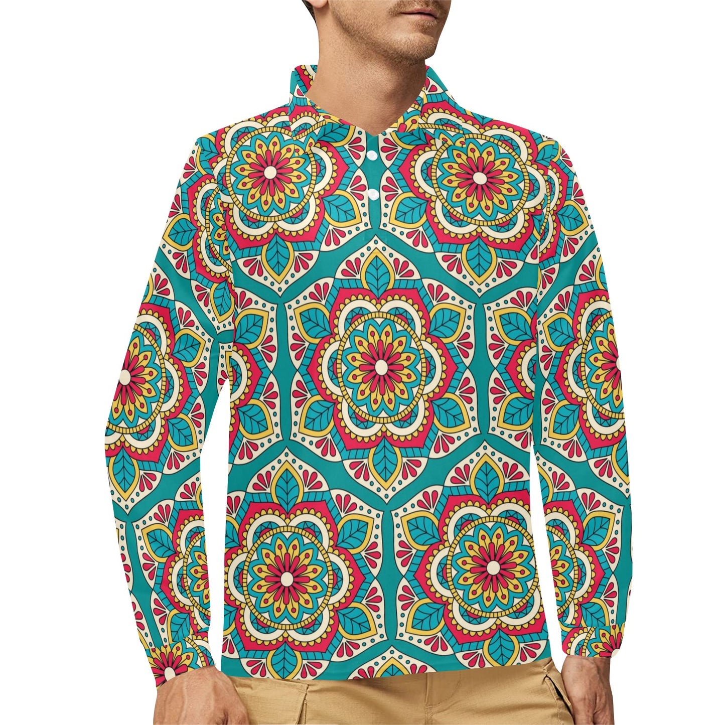 Mandala Pattern Print Design 03 Long Sleeve Polo Shirt For Men's