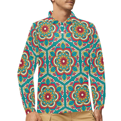 Mandala Pattern Print Design 03 Long Sleeve Polo Shirt For Men's