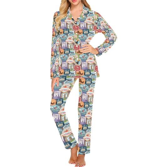 Travel Stamp Print Design LKS301 Women's Long Pajama Set