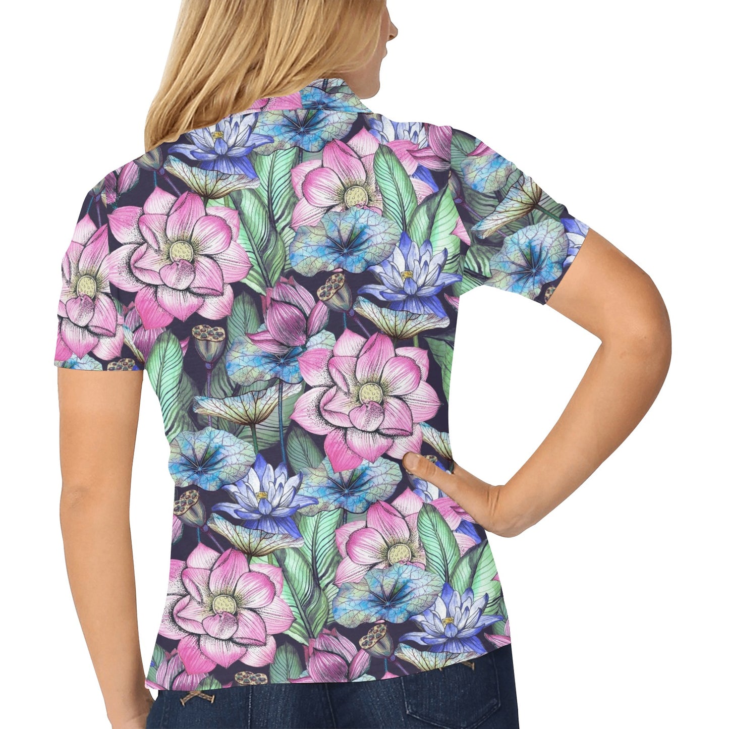 Water Lily Pattern Print Design WL07 Women's Polo Shirt