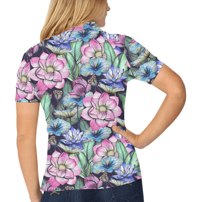 Water Lily Pattern Print Design WL07 Women's Polo Shirt