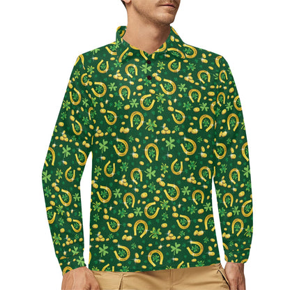 Shamrock Horse Shoes Saint Patrick's Day Print Design LKS307 Long Sleeve Polo Shirt For Men's