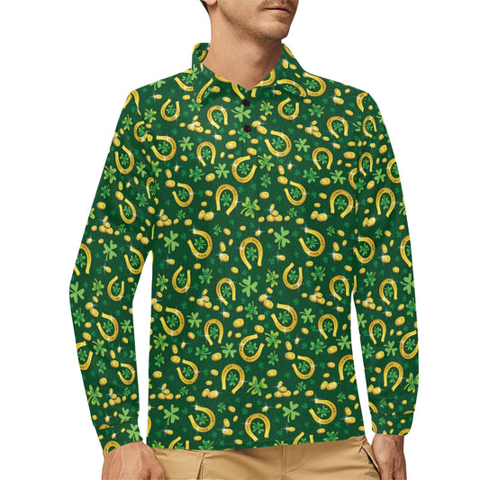 Shamrock Horse Shoes Saint Patrick's Day Print Design LKS307 Long Sleeve Polo Shirt For Men's