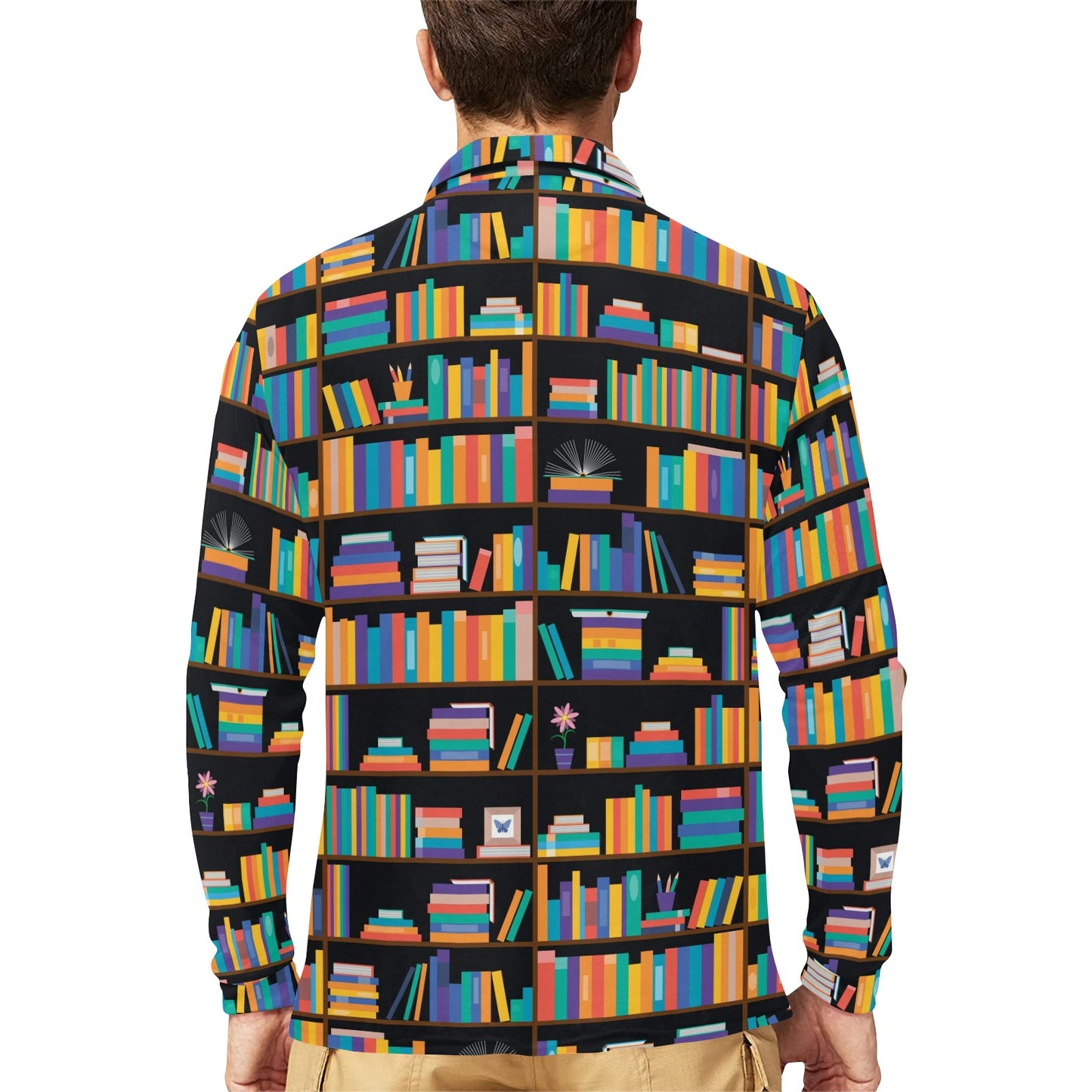 Book Pattern Print Design 05 Long Sleeve Polo Shirt For Men's